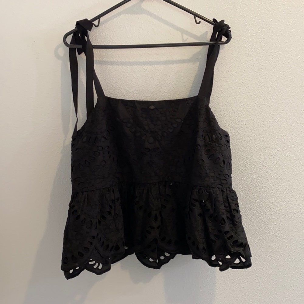 J Crew black eyelet lace top with ribbon